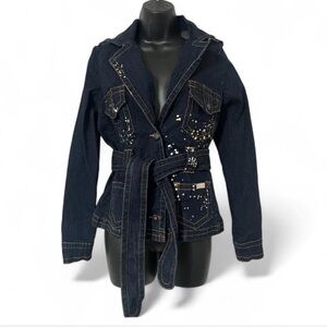Baby Phat Y2K Belted Denim Jacket Paint Splatter Utility